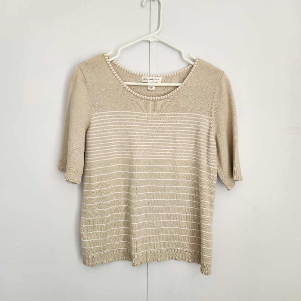 Christopher & Banks women's M, short sleeve knit cotton top. Beige + white